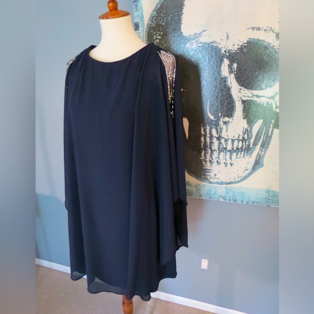 Vince Camuto Navy Blue Cape Dress with Sequin Details